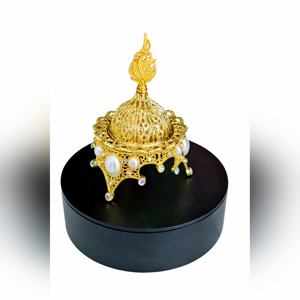Arabic Style Vintage Gold Filigree Incense Burner - Ornate Pearl & Crystal Cense